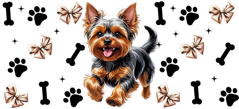 Yorkie dog pink bow UV DTF cup wrap for 16oz Libbey glass, girly dog lover drinkware transfer KA-7848