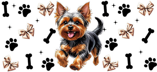 Yorkie dog pink bow UV DTF cup wrap for 16oz Libbey glass, girly dog lover drinkware transfer KA-7848