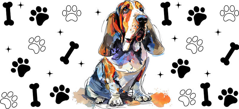 Basset Hound dog UV DTF cup wrap for 16oz Libbey glass, hound dog lover drinkware transfer KA-7851