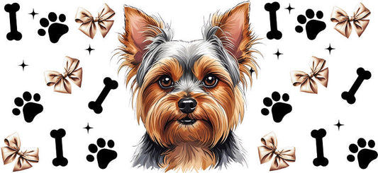 Yorkie dog bow UV DTF cup wrap for 16oz Libbey glass, cute dog lover drinkware transfer KA-7852