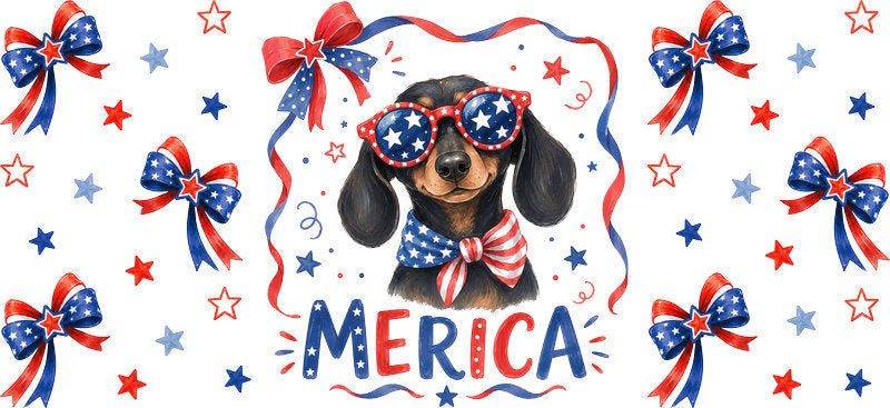 Dachshund dog Merica UV DTF cup wrap for 16oz Libbey glass, patriotic weenie dog transfer KA-7872