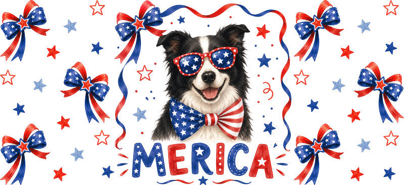 Black dog Merica UV DTF cup wrap for 16oz Libbey glass, patriotic dog lover drinkware transfer KA-7882