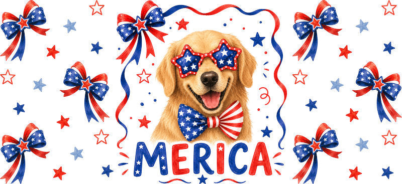 Golden Retriever dog Merica UV DTF cup wrap for 16oz Libbey glass, patriotic dog transfer KA-7883