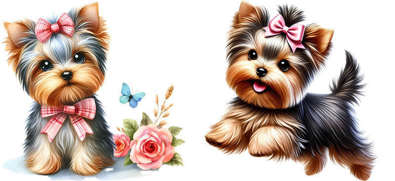 Yorkie dog floral bow UV DTF cup wrap for 16oz Libbey glass, cute dog lover transfer KA-7914