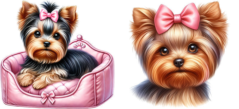 Yorkie dog pink bed UV DTF cup wrap for 16oz Libbey glass, cozy dog lover transfer KA-7917