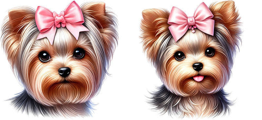 Yorkie dog pink bow heads UV DTF cup wrap for 16oz Libbey glass, cute dog transfer KA-7920