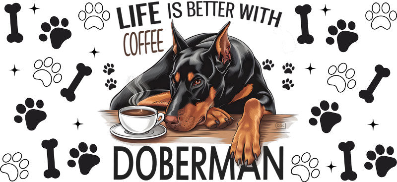 Doberman dog coffee UV DTF cup wrap for 16oz Libbey glass, dog lover drinkware transfer KA-7940