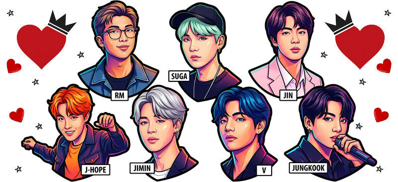 BTS colorful members UV DTF cup wrap for 16oz Libbey glass, K-pop fan drinkware transfer KA-7965