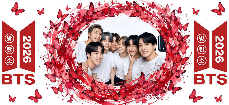 BTS red heart UV DTF cup wrap for 16oz Libbey glass, K-pop music fan transfer KA-7966