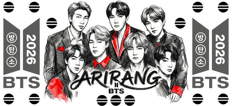 BTS black white Arirang UV DTF cup wrap for 16oz Libbey glass, fan-inspired transfer KA-7967