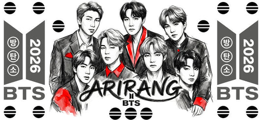 BTS black white Arirang UV DTF cup wrap for 16oz Libbey glass, fan-inspired transfer KA-7967