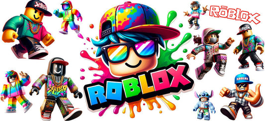 Roblox neon logo UV DTF cup wrap for 16oz Libbey glass, colorful game fan transfer KA-8115