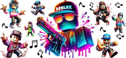 Roblox neon rainbow UV DTF cup wrap for 16oz Libbey glass, colorful game logo transfer KA-8131