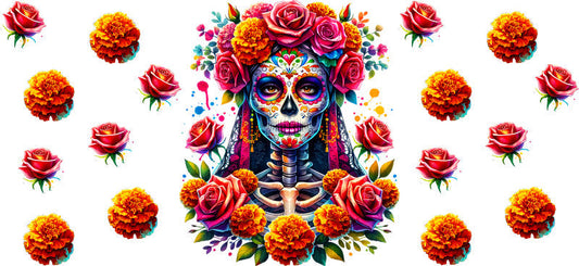 Day of the Dead Floral Skull UV DTF Cup Wrap for 16oz Libbey Glass KA-8212
