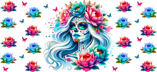 Blue Floral Sugar Skull UV DTF Cup Wrap for 16oz Libbey Glass KA-8213