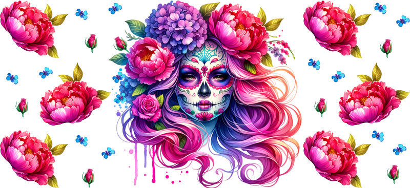 Pink Floral Sugar Skull UV DTF Cup Wrap for 16oz Libbey Glass KA-8214