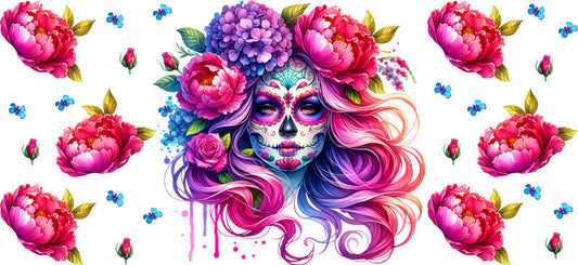 Pink Floral Sugar Skull UV DTF Cup Wrap for 16oz Libbey Glass KA-8214