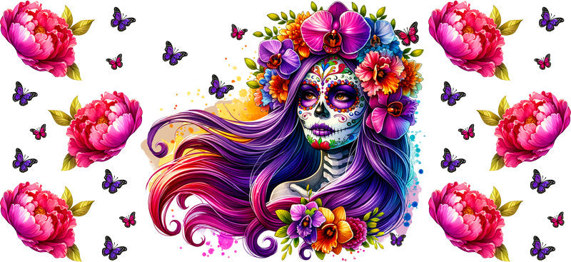 Purple Floral Sugar Skull UV DTF Cup Wrap for 16oz Libbey Glass KA-8216