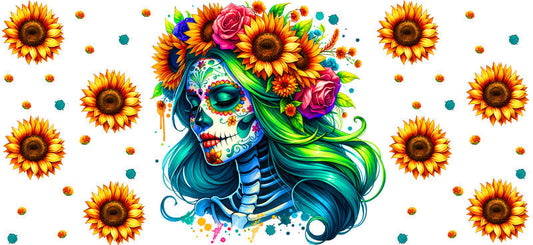 Sunflower Sugar Skull UV DTF Cup Wrap for 16oz Libbey Glass KA-8217