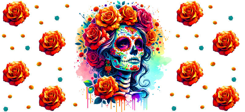 Rose Day of the Dead Skull UV DTF Cup Wrap for 16oz Libbey Glass KA-8218