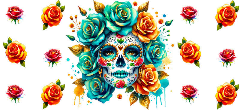 Turquoise Floral Skull UV DTF Cup Wrap for 16oz Libbey Glass KA-8220