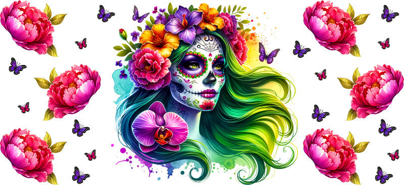 Green Purple Sugar Skull UV DTF Cup Wrap for 16oz Libbey Glass KA-8222