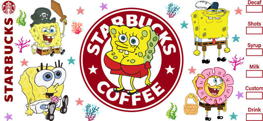 SpongeBob Coffee Lover UV DTF Cup Wrap for 16oz Libbey Glass KA-8229