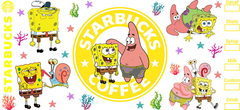 Yellow Starbucks SpongeBob UV DTF Cup Wrap for 16oz Libbey Glass KA-8238