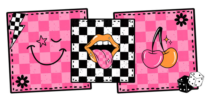 Pink checker makeup UV DTF transfer cup wrap for 16oz Libbey Glass with beauty icons KA-8366