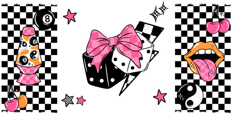 Eight ball bow checker cup decal for 16oz Libbey Glass with trendy pink retro pattern KA-8367