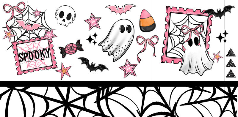 Spooky ghost web UV DTF transfer cup wrap for 16oz Libbey Glass with Halloween spiderweb art KA-8370