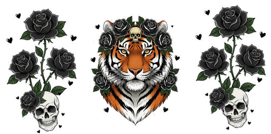 Tiger skull rose UV DTF cup wrap for 16oz Libbey Glass with edgy animal floral artwork KA-8372
