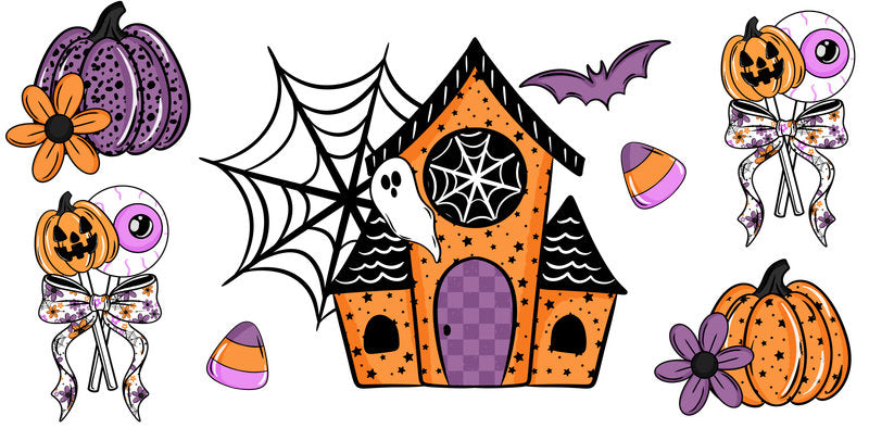 Halloween haunted house cup decal for 16oz Libbey Glass with pumpkin, moon, and spooky scene KA-8373