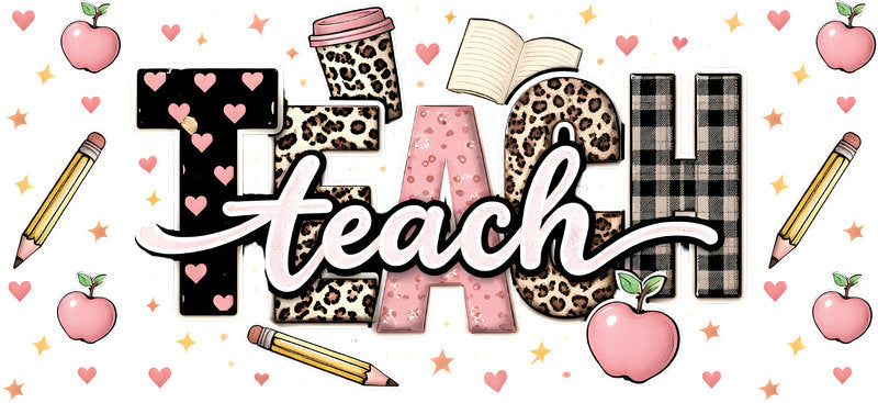Teach Apple Leopard UV DTF cup wrap for 16oz Libbey Glass with apple and teacher theme KA-8376