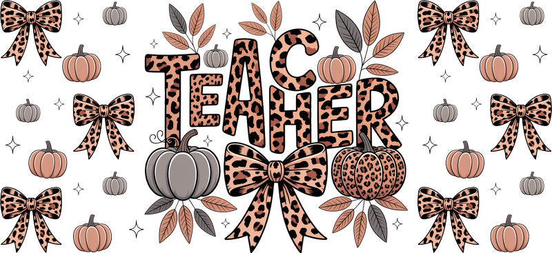 Teacher Leopard Bow UV DTF cup wrap for 16oz Libbey Glass with leopard print and bow details KA-8381