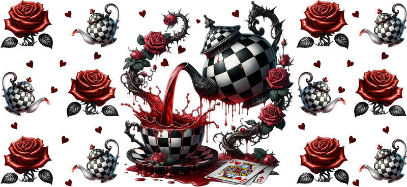 Dark Alice tea party UV DTF transfer for 16oz Libbey Glass with roses, checker details, and gothic style KA-8442