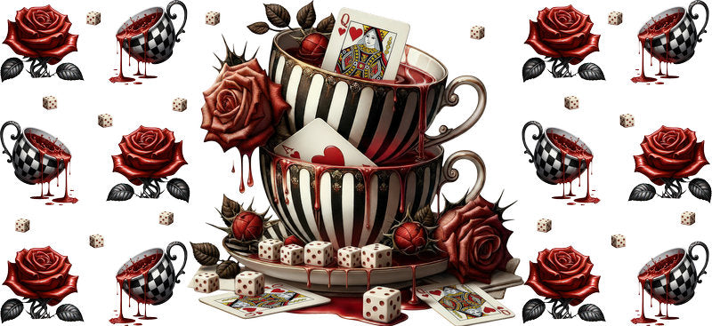 Dark Alice stacked teacups cup decal for 16oz Libbey Glass with Mad Hatter, red roses, and fantasy design KA-8443