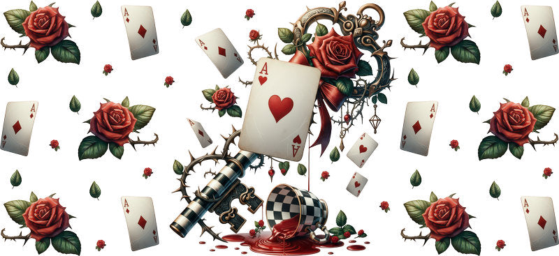 Dark Alice playing cards and roses UV DTF cup wrap for 16oz Libbey Glass with gothic Wonderland artwork KA-8444
