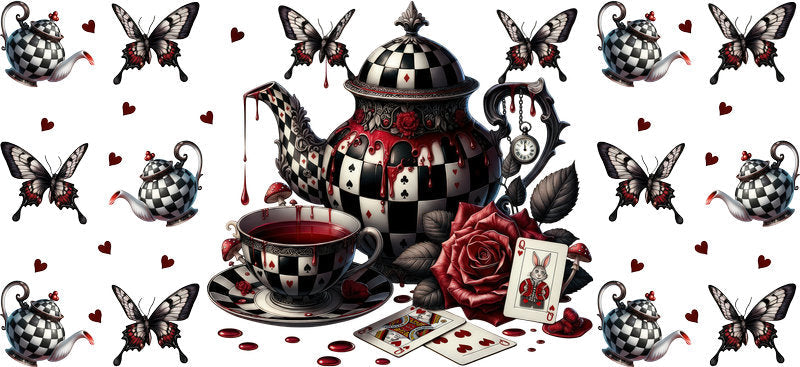 Dark Alice tea set UV DTF transfer for 16oz Libbey Glass with butterflies, roses, and dark fantasy details KA-8445