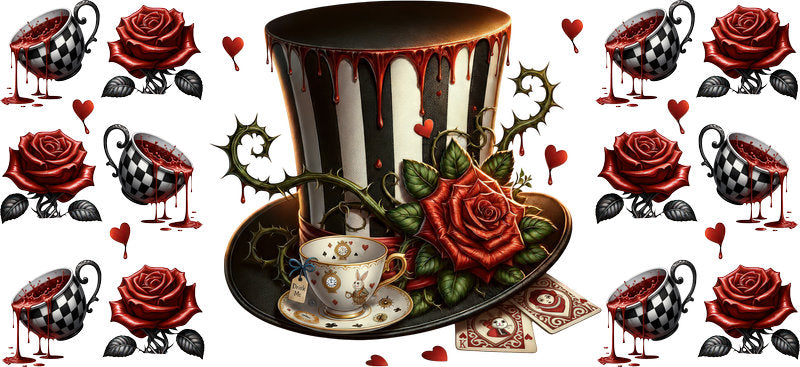 Dark Mad Hatter hat UV DTF cup decal for 16oz Libbey Glass with roses and dark Alice fantasy design KA-8447