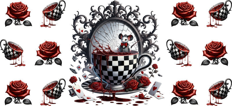 Dark Alice mirror UV DTF cup wrap for 16oz Libbey Glass with checker frame, roses, and gothic tea party details KA-8448