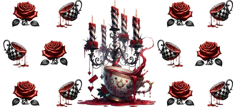 Dark Alice candles cup decal for 16oz Libbey Glass with gothic teacup, roses, and moody fantasy style KA-8450