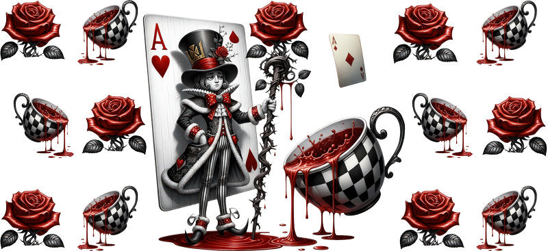 Dark Alice card guard cup decal for 16oz Libbey Glass with playing cards, roses, and fantasy character details KA-8453