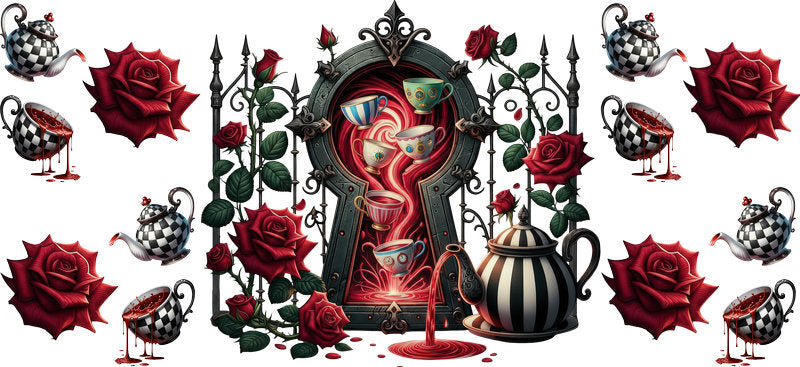 Dark Alice hourglass cup decal for 16oz Libbey Glass with red roses and dark fantasy tea party style KA-8456