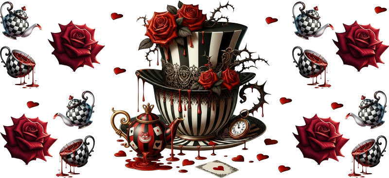 Dark Alice Mad Hatter UV DTF cup wrap for 16oz Libbey Glass with stacked cups and gothic tea artwork KA-8457
