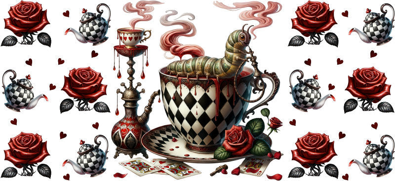 Dark Alice teacup UV DTF transfer for 16oz Libbey Glass with checker pattern and fantasy cup decal design KA-8458