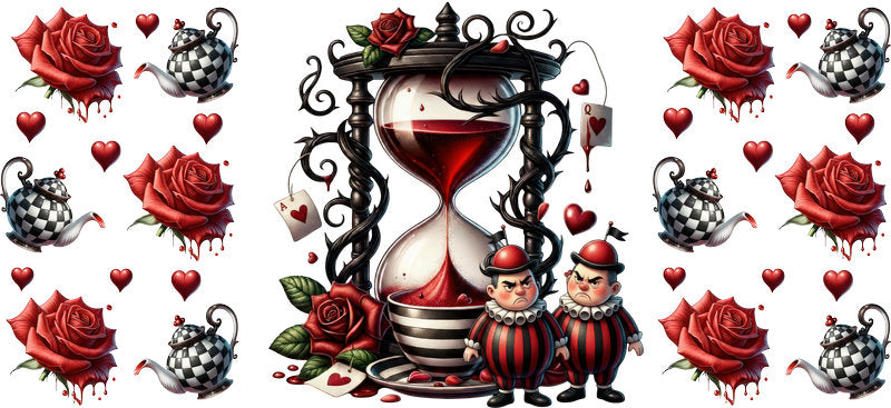 Dark Alice hourglass tea UV DTF cup wrap for 16oz Libbey Glass with roses and dark Wonderland fantasy design KA-8460