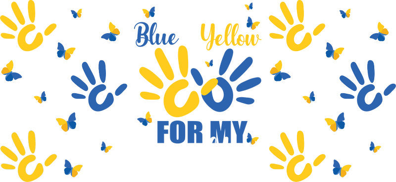 Blue Yellow Handprint Awareness Ribbon for 16oz Glass