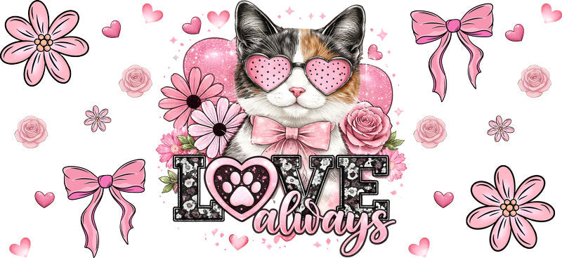 Floral Kitty Cat Mama Pink Flower UV DTF Cup Wrap for 16oz Glass Can