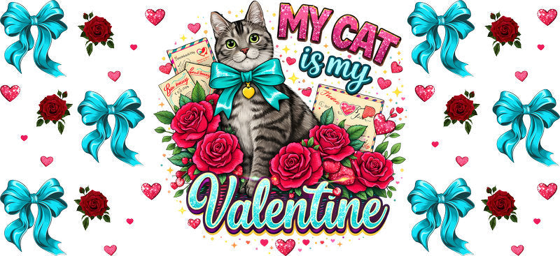 Valentine Cat Lover Heart Kitten UV DTF Cup Wrap for 16oz Glass Can